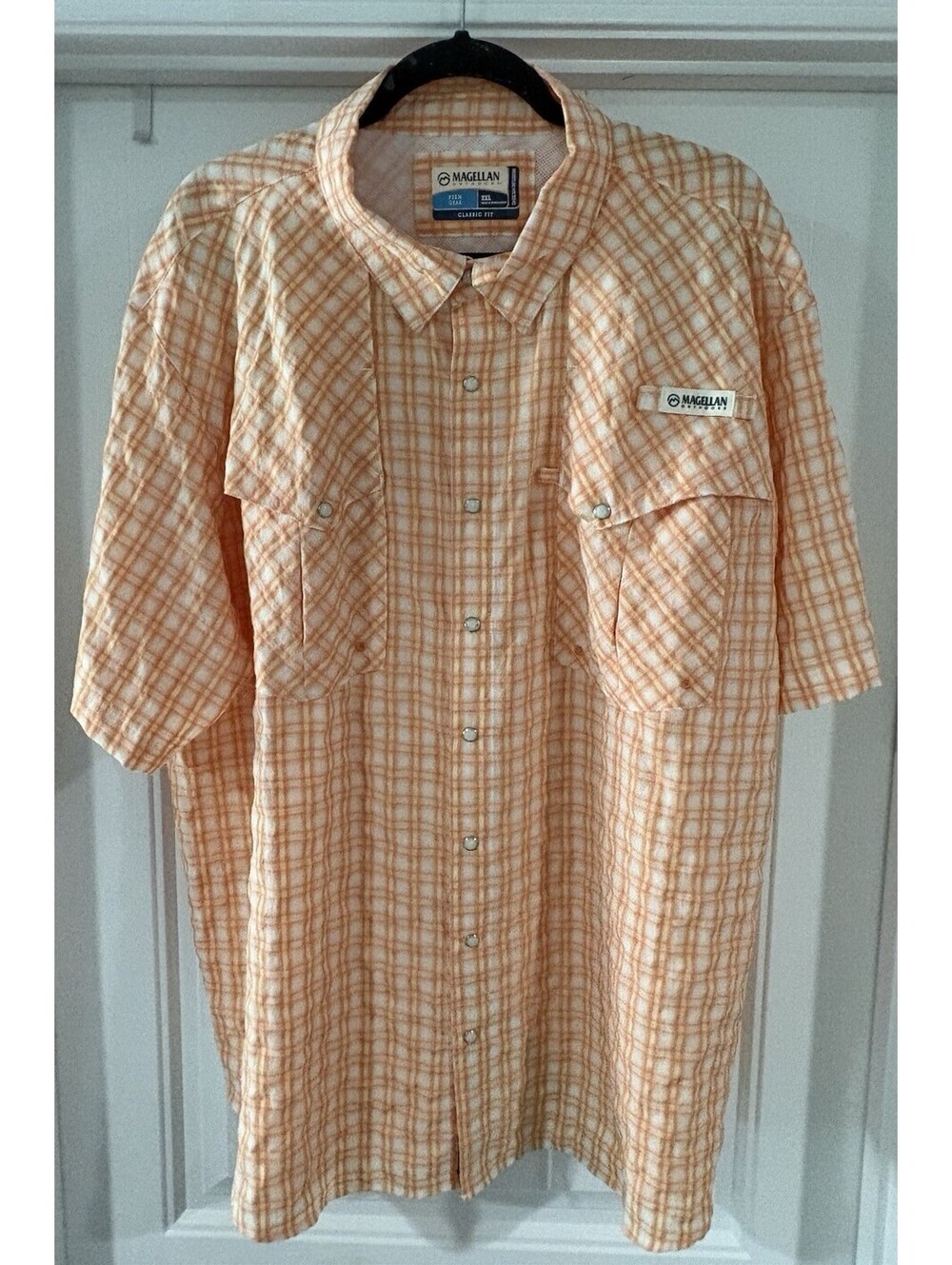 Magellan Shirt Men 2XL NWT Peach White Plaid Pearl Snap Classic Fit Fish Gear